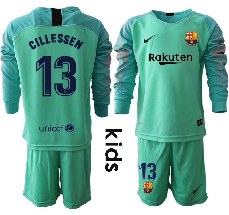 2018-19 Barcelona 13 CILLESSEN Green Youth Long Sleeve Goalkeeper Soccer Jersey - Click Image to Close