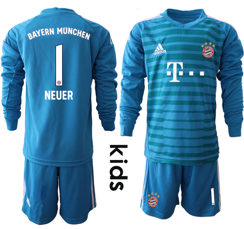 2018-19 Bayern Munich 1 NEUER Blue Youth Long Sleeve Soccer Jersey