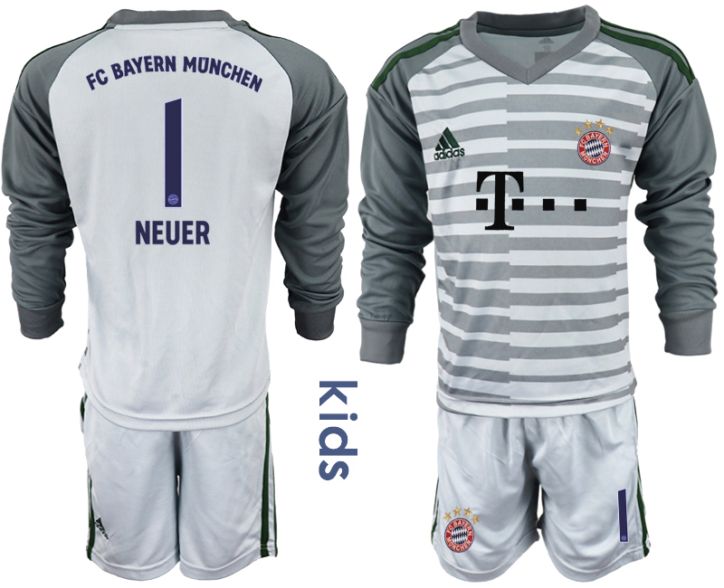 2018-19 Bayern Munich 1 NEUER Gray Youth Long Sleeve Soccer Jersey