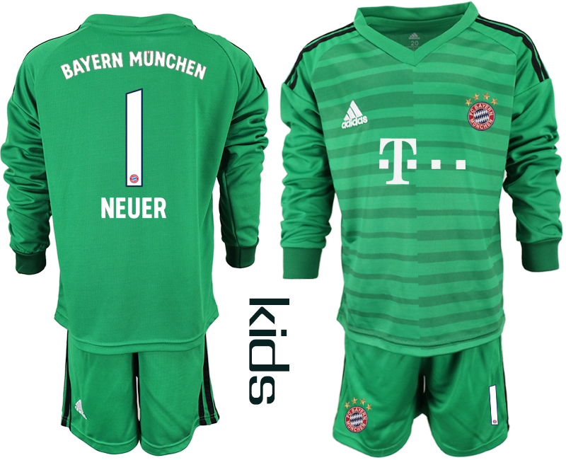 2018-19 Bayern Munich 1 NEUER Green Youth Long Sleeve Soccer Jersey - Click Image to Close