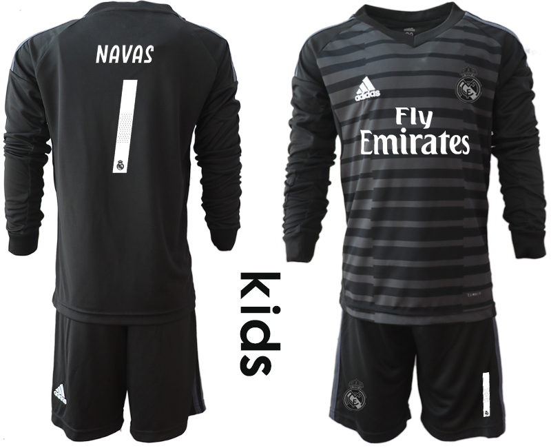 2018-19 Real Madrid 1 NAVAS Black Youth Long Sleeve Goalkeeper Soccer Jersey