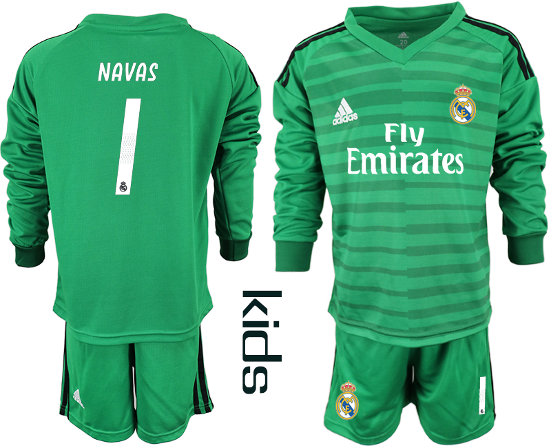 2018-19 Real Madrid 1 NAVAS Green Youth Long Sleeve Goalkeeper Soccer Jersey