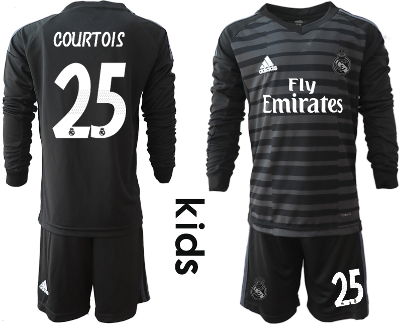 2018-19 Real Madrid 25 COURTOIS Black Youth Long Sleeve Goalkeeper Soccer Jersey