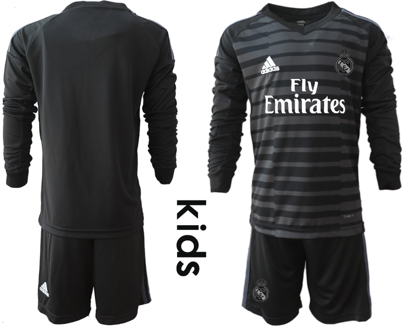 2018-19 Real Madrid Black Youth Long Sleeve Goalkeeper Soccer Jersey - Click Image to Close