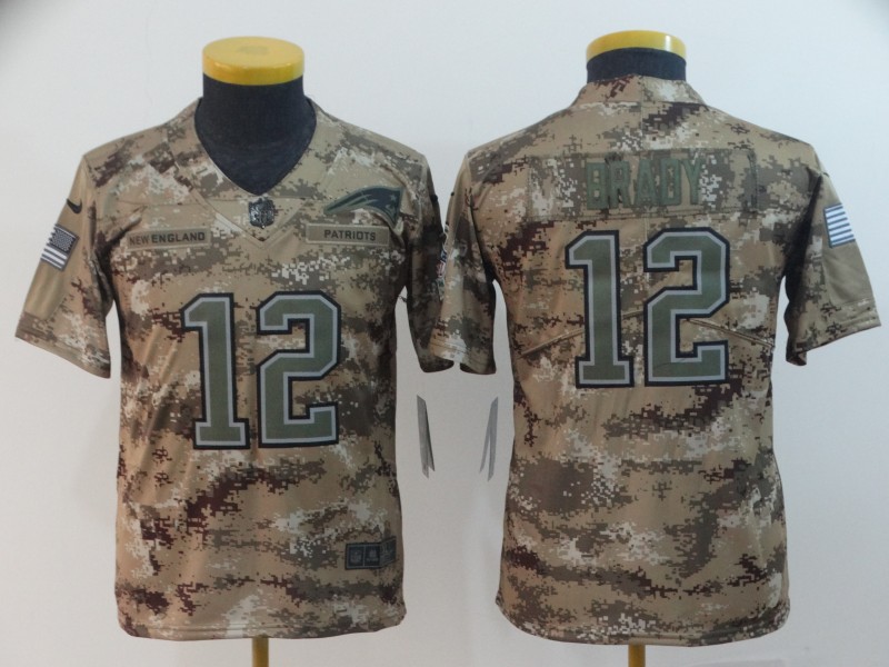 Nike Patriots 12 Tom Brady Camo Youth Salute To Service Limited Jersey - Click Image to Close