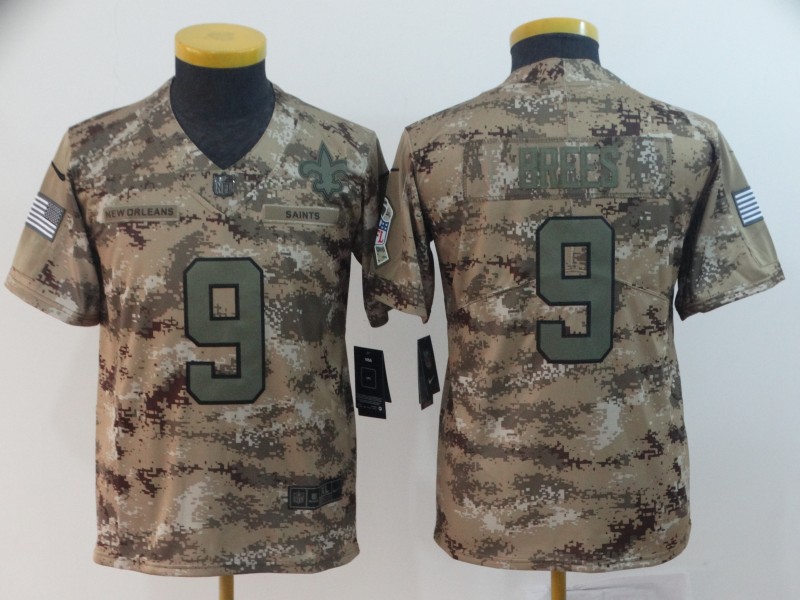 Nike Saints 9 Drew Brees Camo Youth Salute To Service Limited Jersey