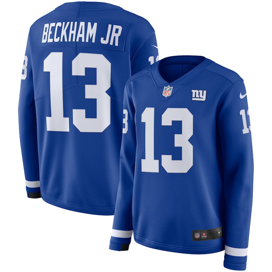 Nike Giants 13 Odell Beckham Jr. Blue Women Therma Long Sleeve Jersey - Click Image to Close