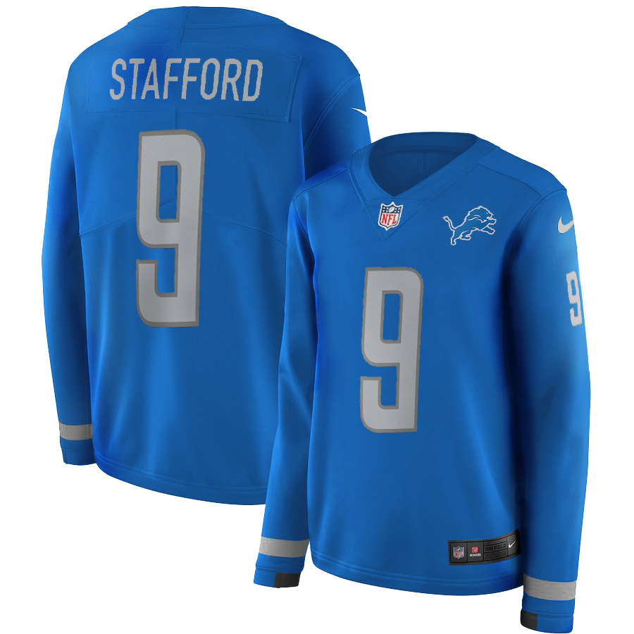 Nike Lions 9 Matthew Stafford Blue Women Therma Long Sleeve Jersey