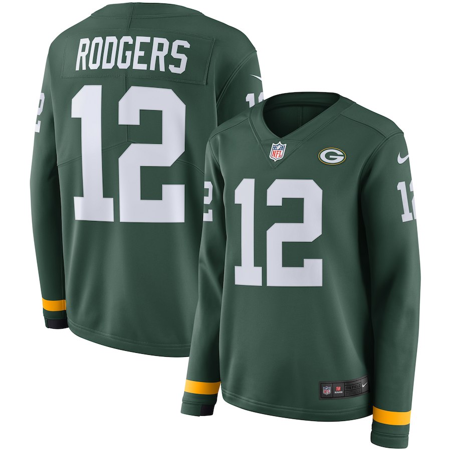 Nike Packers 12 Aaron Rodgers Green Women Therma Long Sleeve Jersey