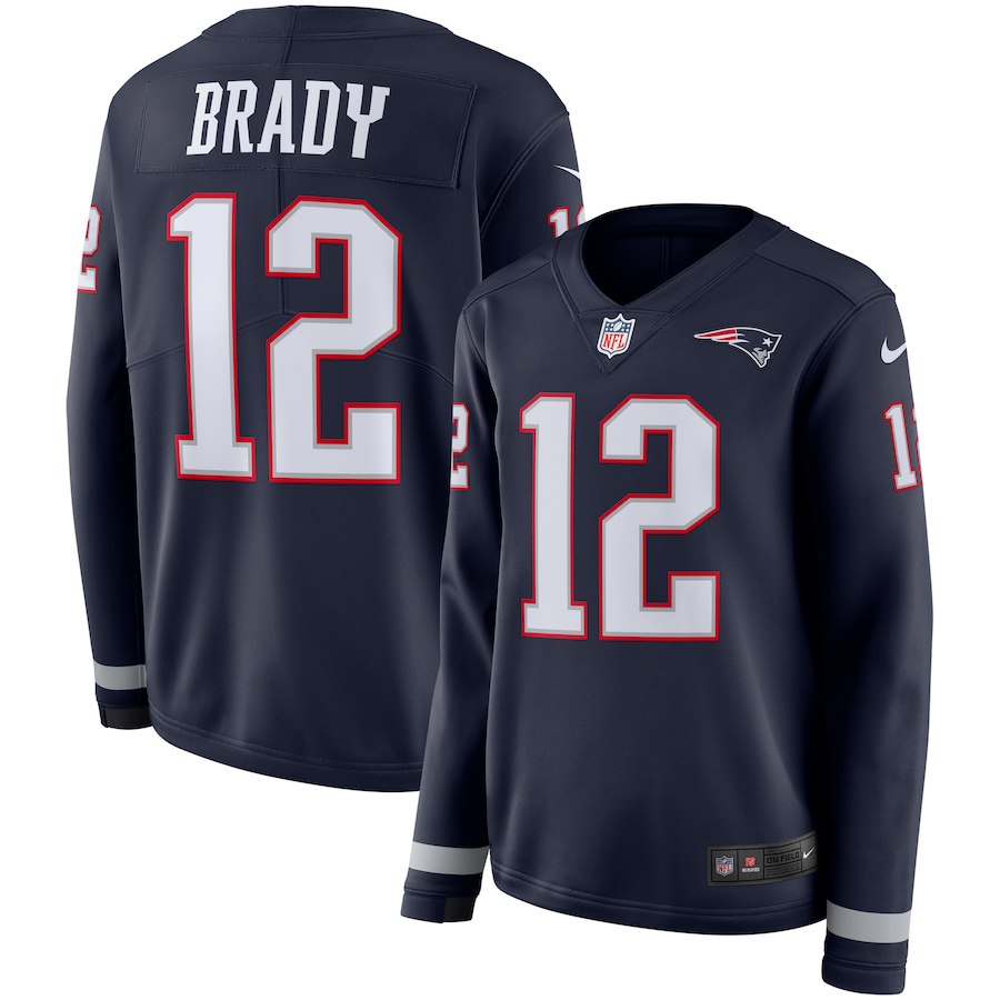Nike Patriots 12 Tom Brady Navy Women Therma Long Sleeve Jersey
