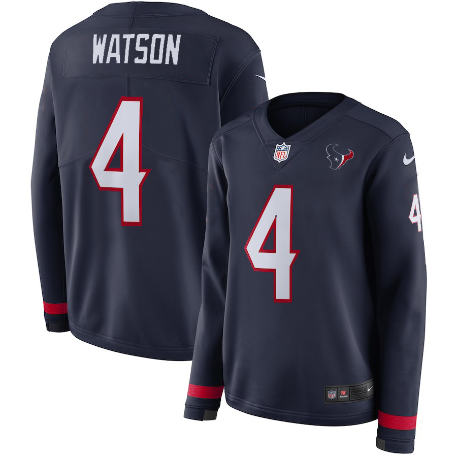 Nike Texans 4 Deshaun Watson Navy Women Therma Long Sleeve Jersey