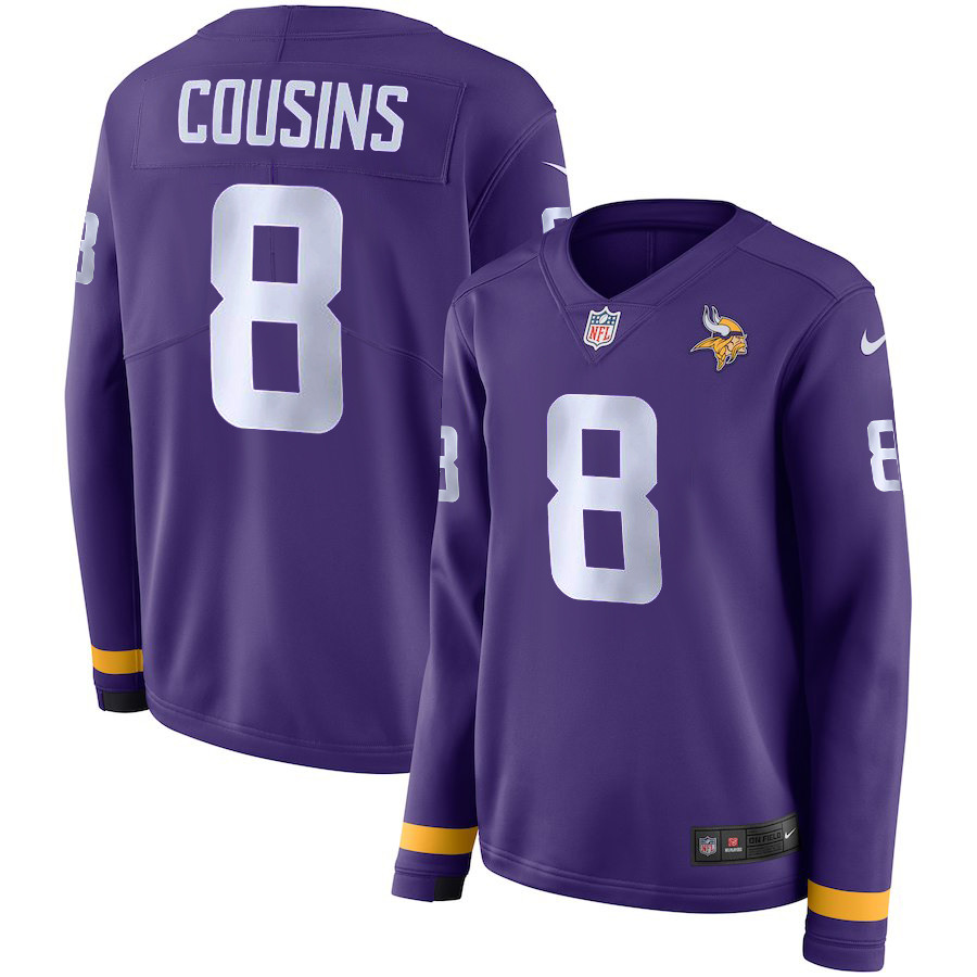 Nike Vikings 8 Kirk Cousins Purple Women Therma Long Sleeve Jersey