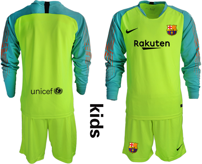 2018-19 Barcelona Fluorescent Green Youth Long Sleeve Goalkeeper Soccer Jersey - Click Image to Close