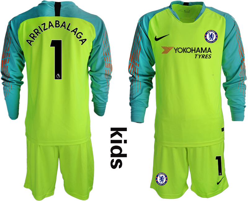 2018-19 Chelsea Fluorescent 1 ARRIZABALAGA Green Youth Long Sleeve Goalkeeper Soccer Jersey - Click Image to Close