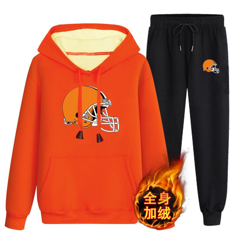 Cleveland Browns Orange Men's Winter Thicken NFL Pullover Hoodie & Pant - Click Image to Close