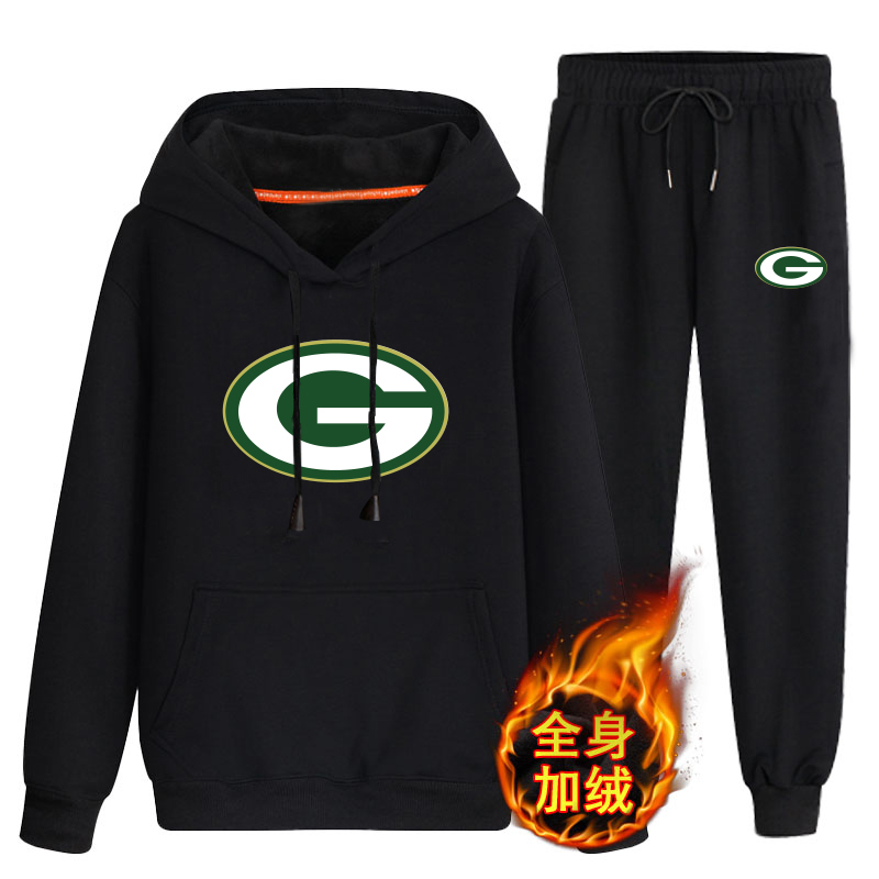 Green Bay Packers Black Men's Winter Thicken NFL Pullover Hoodie & Pant - Click Image to Close