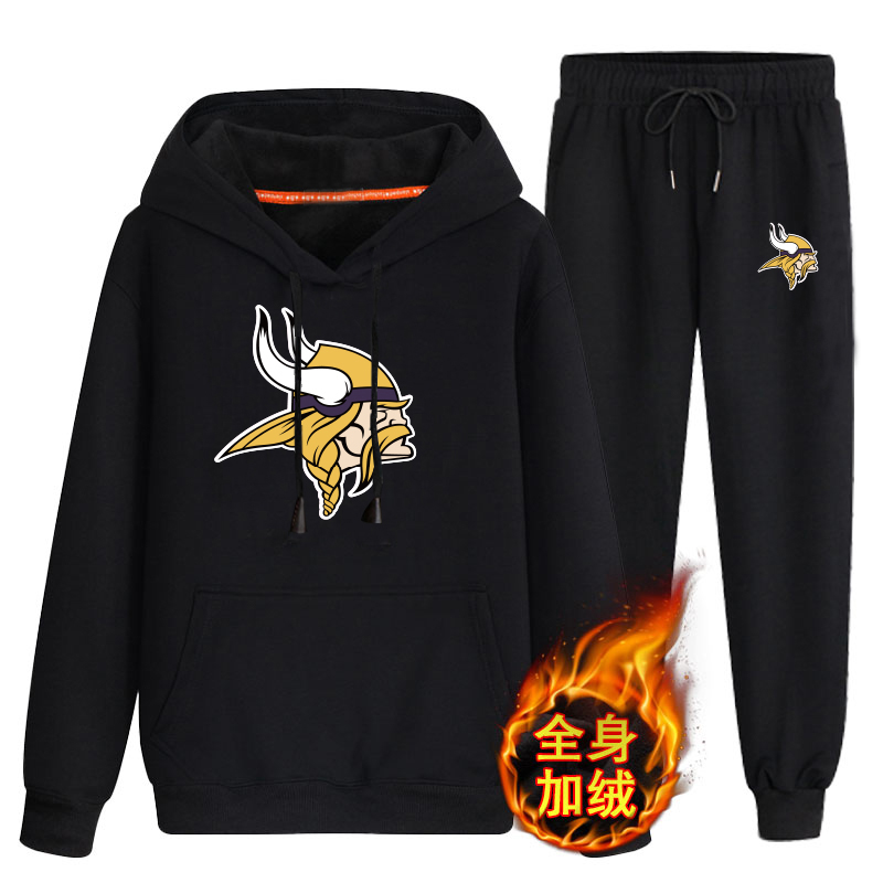 Minnesota Vikings Black Men's Winter Thicken NFL Pullover Hoodie & Pant - Click Image to Close