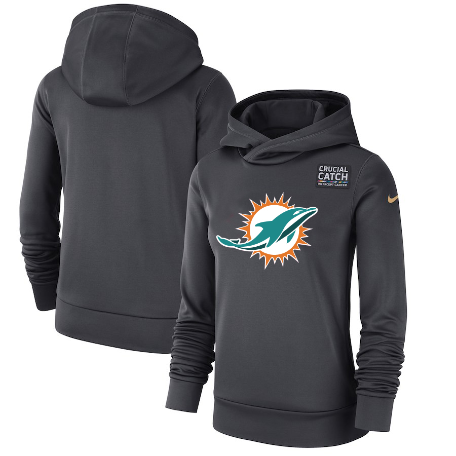 Miami Dolphins Anthracite Women's Nike Crucial Catch Performance Hoodie - Click Image to Close