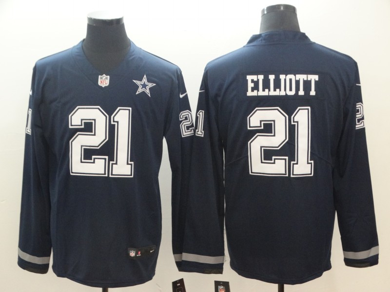 Nike Cowboys 21 Ezekiel Elliott Navy Therma Long Sleeve Jersey