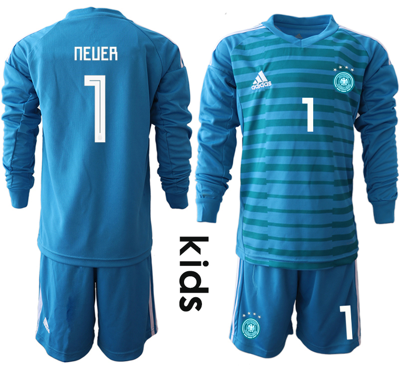 2018-19 Germany 1 NEUER Blue Youth Long Sleeve Goalkeeper Soccer Jersey