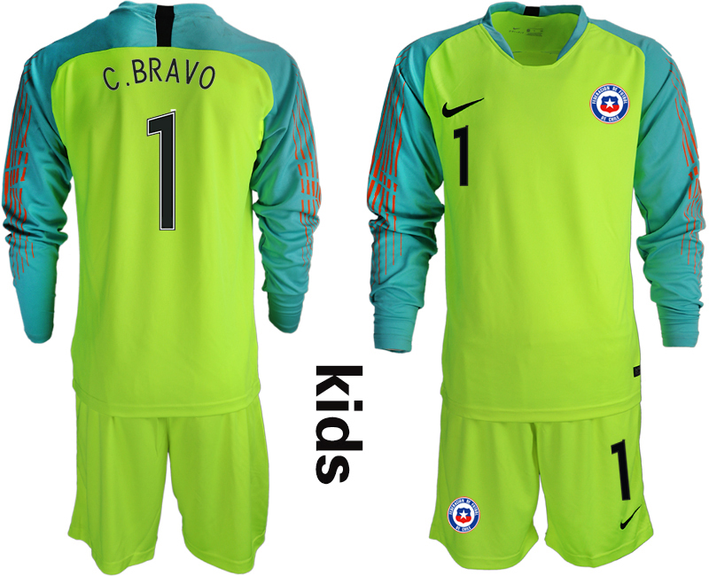 2018-19 Chile 1 C. BRAVO Fluorescent Green Youth Long Sleeve Goalkeeper Soccer Jersey