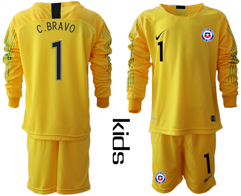 2018-19 Chile 1 C. BRAVO Yellow Youth Long Sleeve Goalkeeper Soccer Jersey
