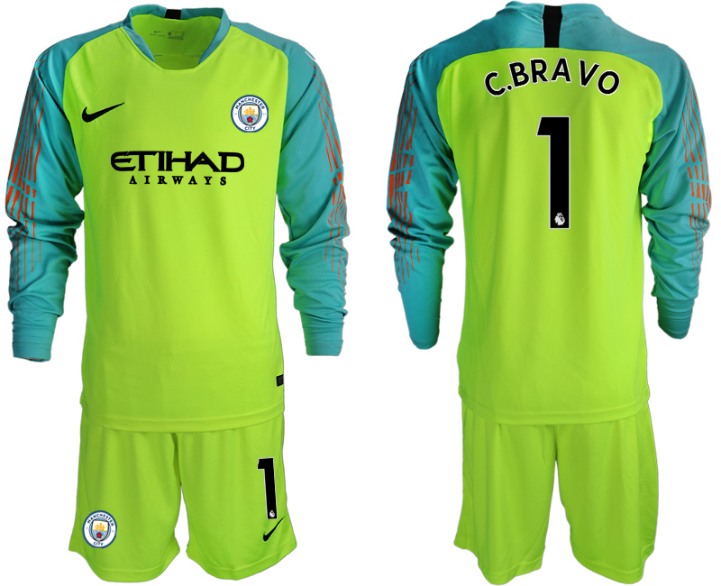 2018-19 Manchester City 1 C.BRAVO Fluorescent Green Long Sleeve Goalkeeper Soccer Jersey