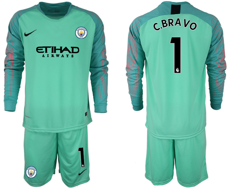 2018-19 Manchester City 1 C.BRAVO Green Long Sleeve Goalkeeper Soccer Jersey