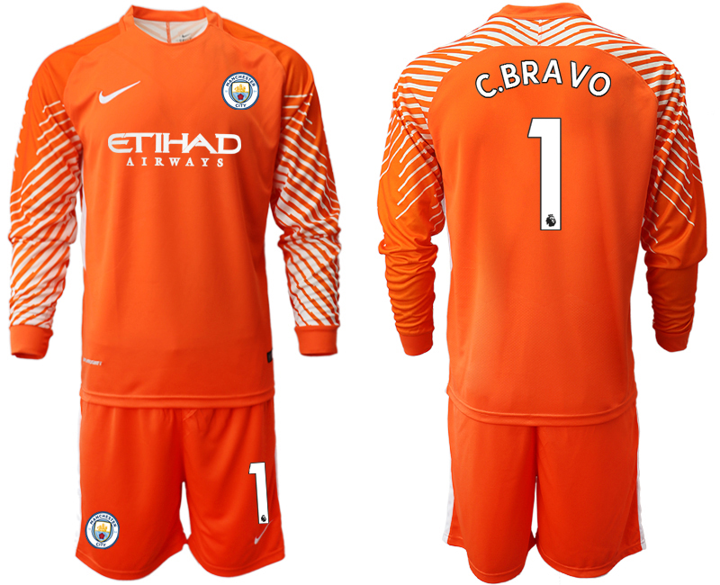 2018-19 Manchester City 1 C.BRAVO Orange Long Sleeve Goalkeeper Soccer Jersey