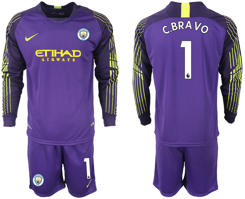 2018-19 Manchester City 1 C.BRAVO Purple Long Sleeve Goalkeeper Soccer Jersey