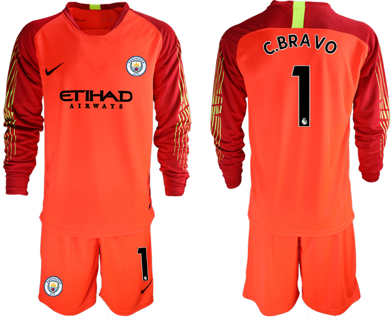 2018-19 Manchester City 1 C.BRAVO Red Long Sleeve Goalkeeper Soccer Jersey