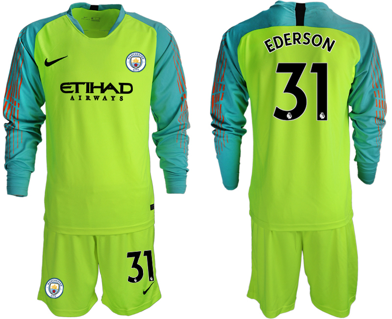 2018-19 Manchester City 31 EDERSON Fluorescent Green Long Sleeve Goalkeeper Soccer Jersey