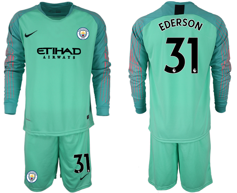 2018-19 Manchester City 31 EDERSON Green Long Sleeve Goalkeeper Soccer Jersey - Click Image to Close