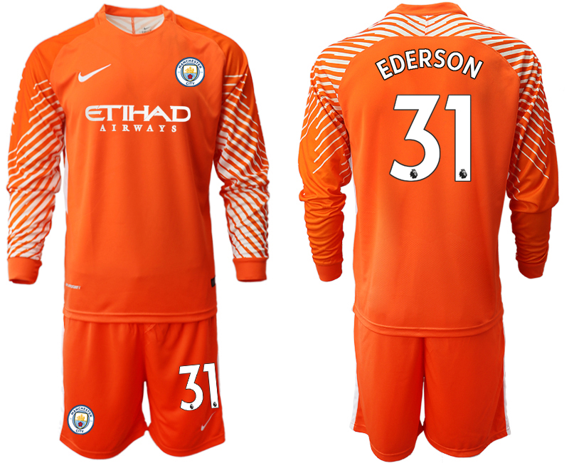 2018-19 Manchester City 31 EDERSON Orange Long Sleeve Goalkeeper Soccer Jersey