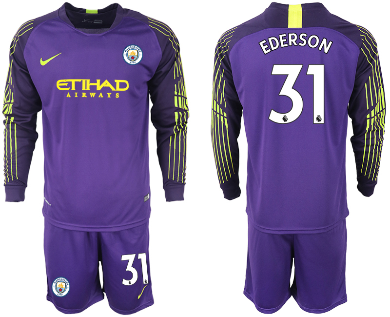 2018-19 Manchester City 31 EDERSON Purple Long Sleeve Goalkeeper Soccer Jersey