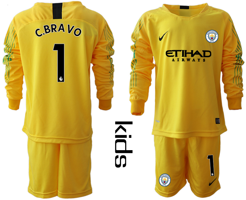 2018-19 Manchester City 1 C.BRAVO Yellow Youth Long Sleeve Goalkeeper Soccer Jersey