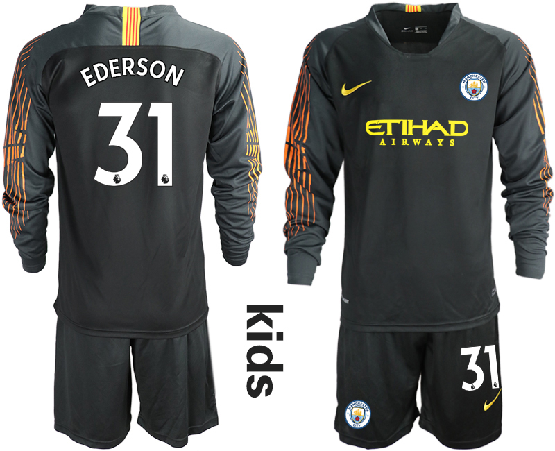 2018-19 Manchester City 31 EDERSON Black Youth Long Sleeve Goalkeeper Soccer Jersey