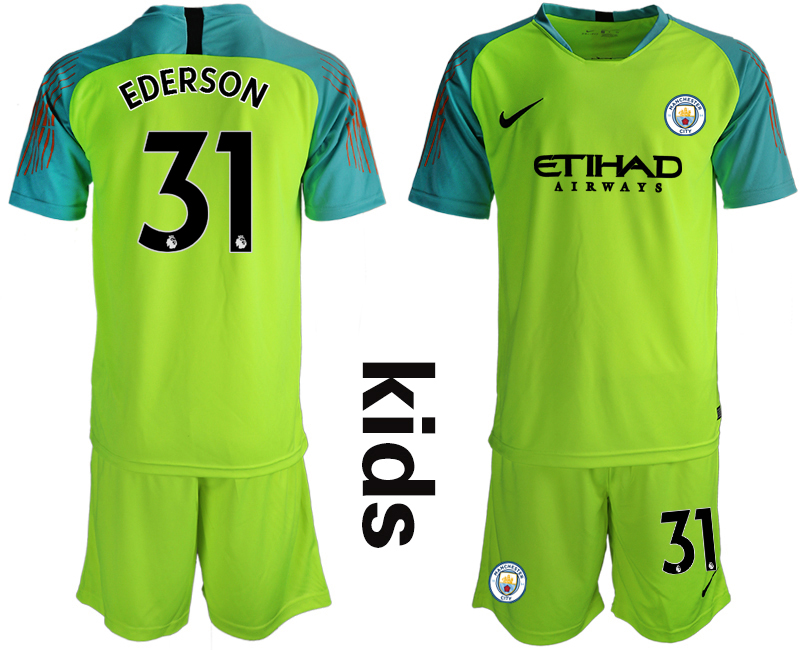 2018-19 Manchester City 31 EDERSON Fluorescent Green Youth Goalkeeper Soccer Jersey