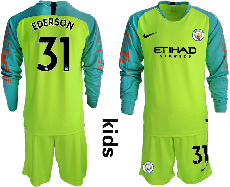 2018-19 Manchester City 31 EDERSON Fluorescent Green Youth Long Sleeve Goalkeeper Soccer Jersey