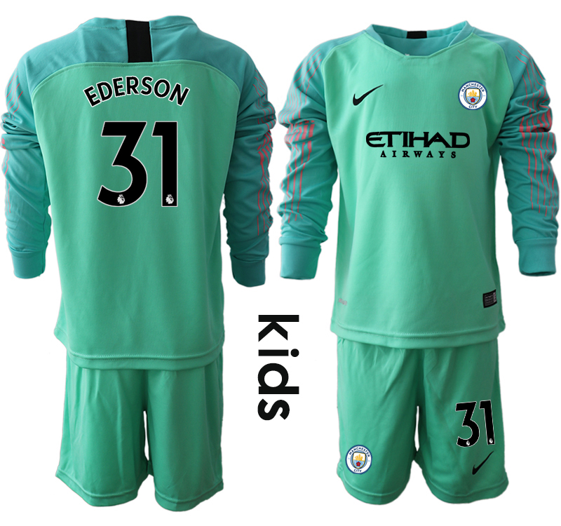 2018-19 Manchester City 31 EDERSON Green Youth Long Sleeve Goalkeeper Soccer Jersey - Click Image to Close