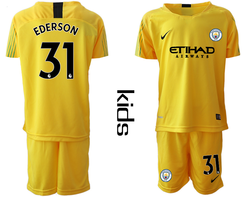 2018-19 Manchester City 31 EDERSON Yellow Youth Goalkeeper Soccer Jersey