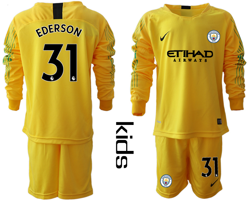 2018-19 Manchester City 31 EDERSON Yellow Youth Long Sleeve Goalkeeper Soccer Jersey