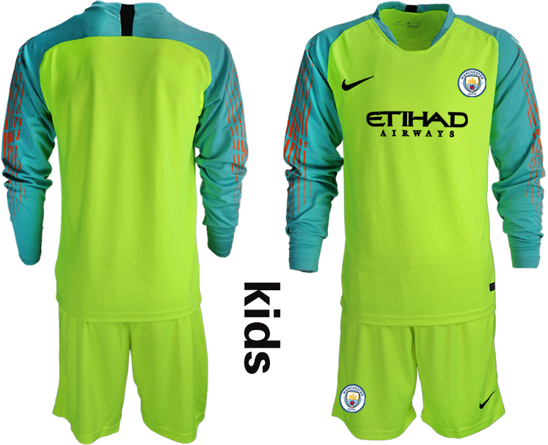 2018-19 Manchester City Fluorescent Green Youth Long Sleeve Goalkeeper Soccer Jersey