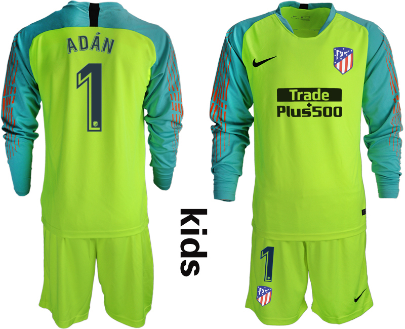 2018-19 Atletico Madrid 1 ADAN Fluorescent Green Youth Long Sleeve Soccer Jersey