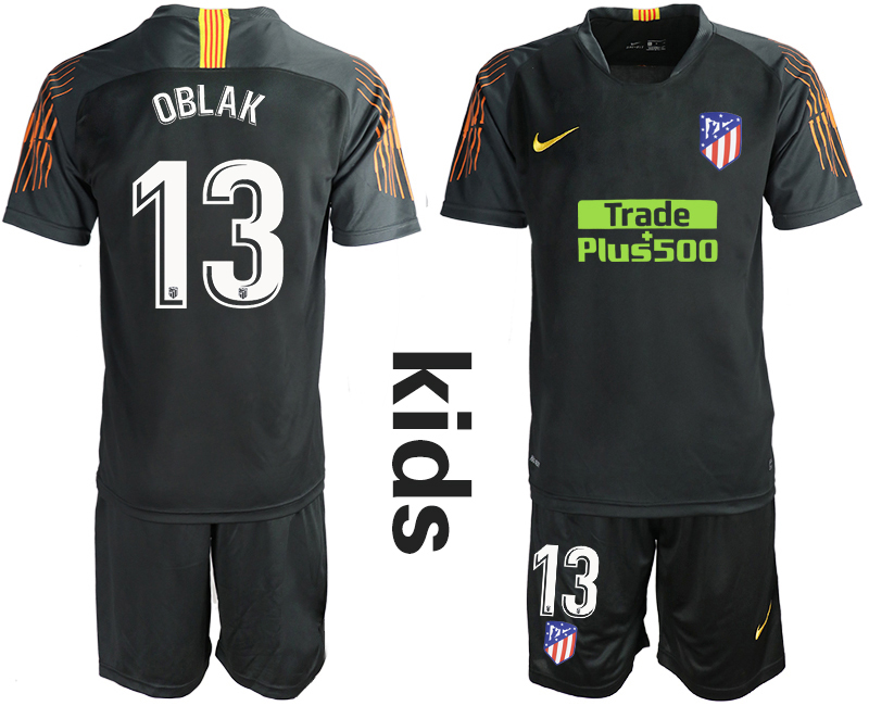2018-19 Atletico Madrid 13 OBLAK Black Youth Goalkeeper Soccer Jersey - Click Image to Close