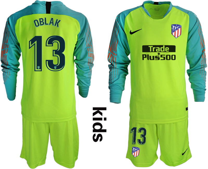 2018-19 Atletico Madrid 13 OBLAK Fluorescent Green Youth Long Sleeve Soccer Jersey