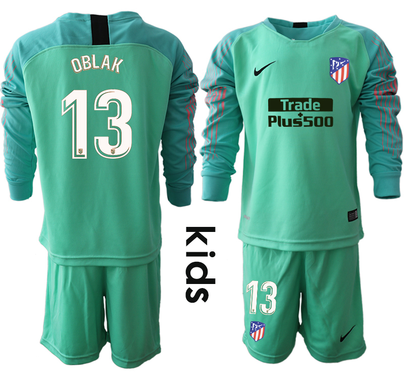 2018-19 Atletico Madrid 13 OBLAK Green Youth Long Sleeve Soccer Jersey