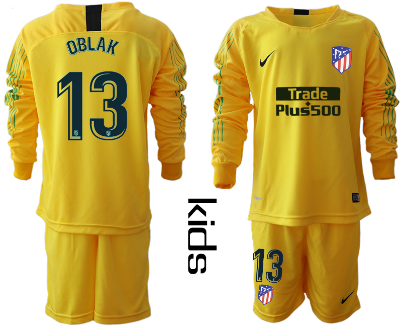 2018-19 Atletico Madrid 13 OBLAK Yellow Youth Long Sleeve Soccer Jersey
