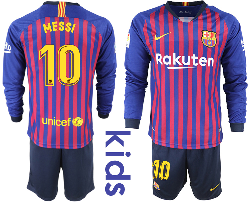 2018-19 Barcelona 10 MESSI Home Youth Long Sleeve Soccer Jersey