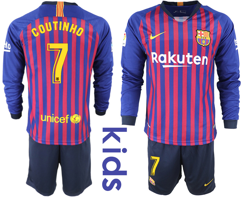 2018-19 Barcelona 7 COUTINHO Home Youth Long Sleeve Soccer Jersey